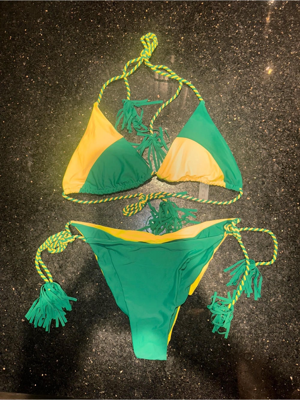 Green and Yellow Two-Piece Triangle Bikini with Braided Fringe Detail